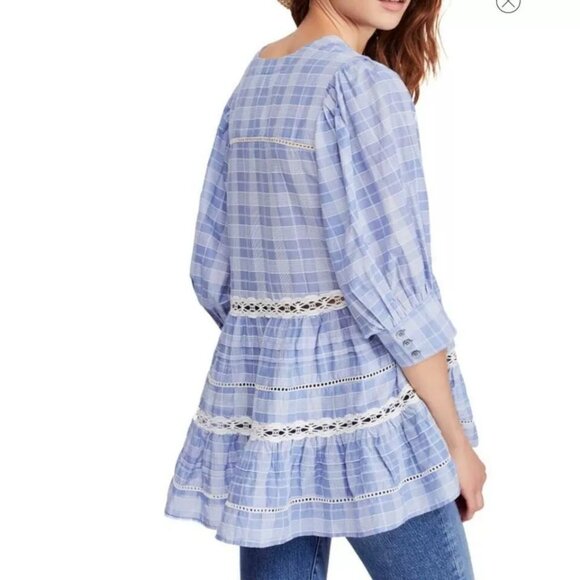 Free People Time Out Lace Tunic Blue White Checked Gingham Blue - Picture 2 of 5